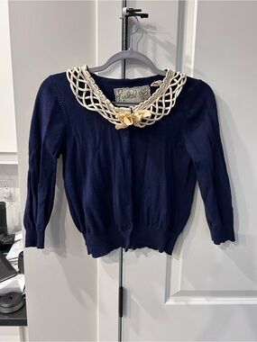 Anthropologie Field Flower Navy Blue Sweater Cardigan Crochet Lattice Collar